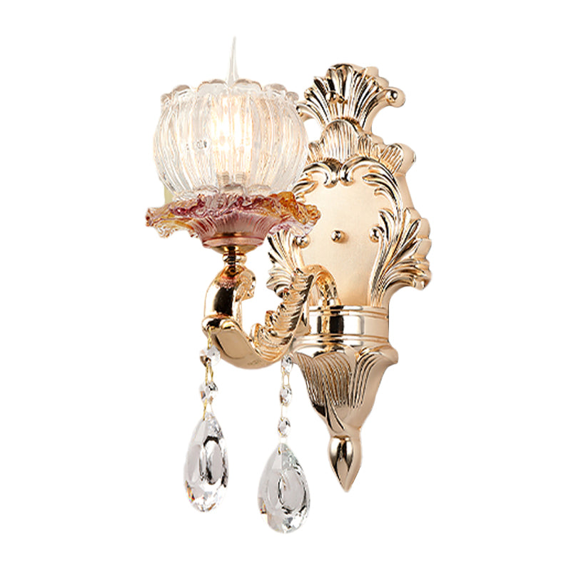 Scalloped Dome Bedside Wall Light Postmodern Crystal 1 Head Gold Wall Sconce Light