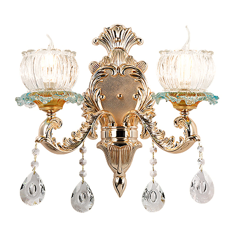 Bowl Crystal Mur Mount lampe traditionnelle 2 lumières Éclairage mural de restaurant en or