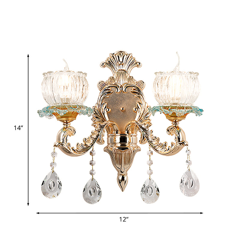 Bowl Crystal Mur Mount lampe traditionnelle 2 lumières Éclairage mural de restaurant en or