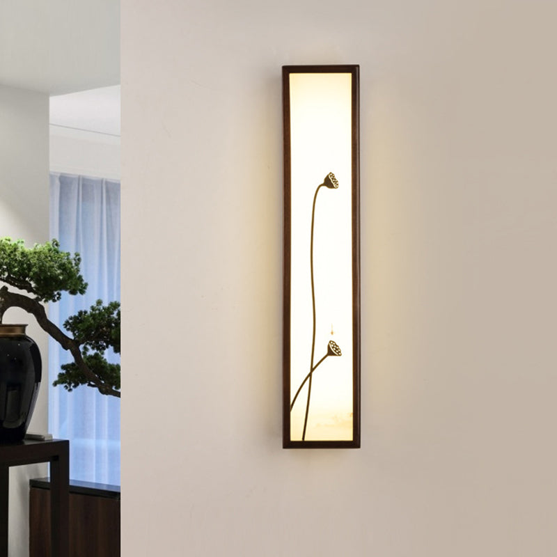 Chinese Style LED Wall Mural Lamp Acrylic Brown Rectangle Shaped Wall Mounted Light with Lotus/Leaf Pattern