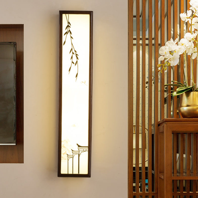 Chinese Style LED Wall Mural Lamp Acrylic Brown Rectangle Shaped Wall Mounted Light with Lotus/Leaf Pattern