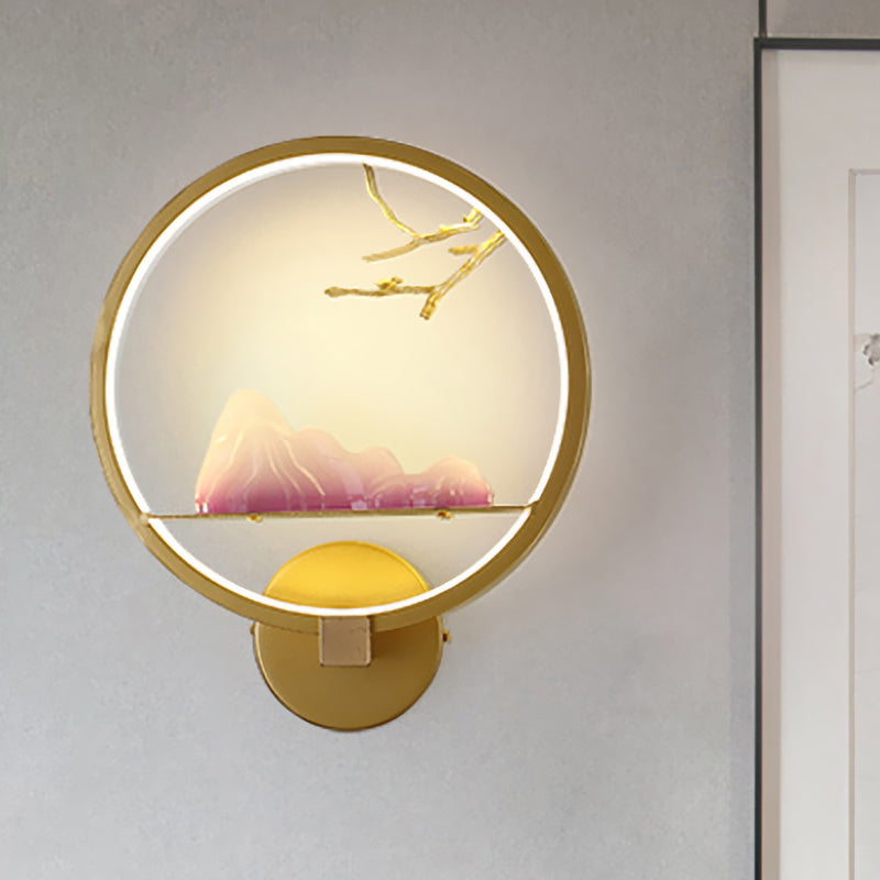 LED Bedside Mountain and Branch Mural Light Oriental Style Gold Wall Mounted Light with Round Metal Shade
