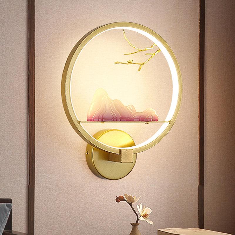 LED Bedside Mountain and Branch Mural Light Oriental Style Gold Wall Mounted Light with Round Metal Shade