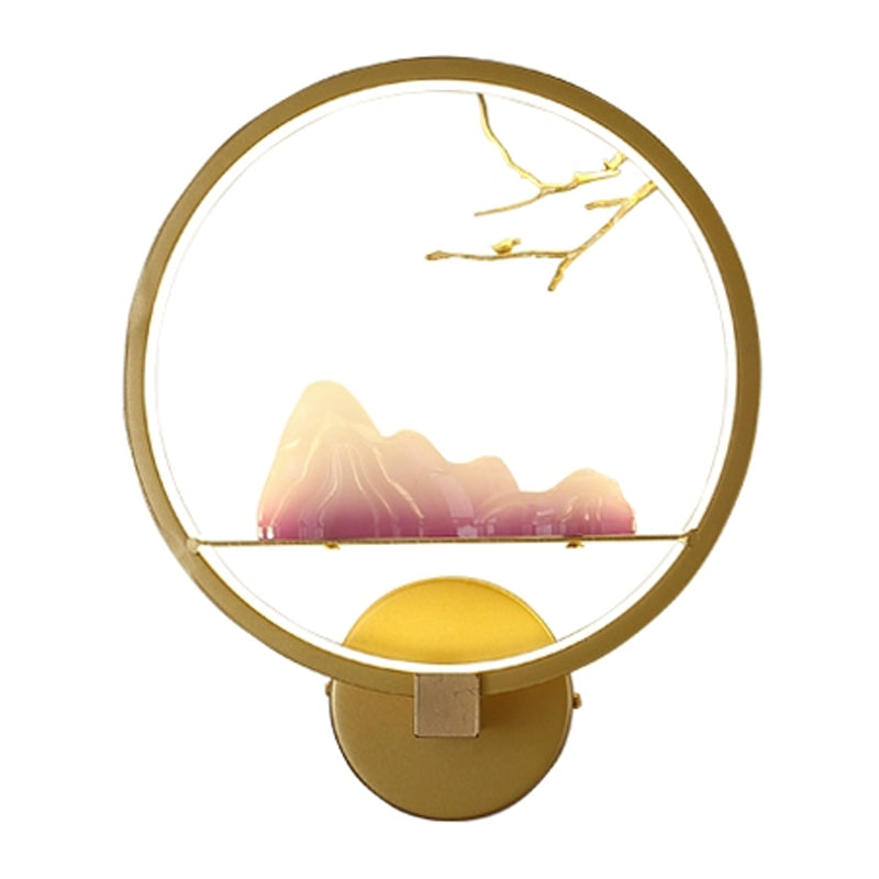 LED Bedside Mountain and Branch Mural Light Oriental Style Gold Wall Mounted Light with Round Metal Shade