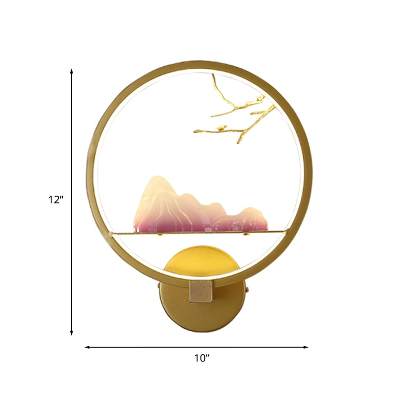 LED Bedside Mountain and Branch Mural Light Oriental Style Gold Wall Mounted Light with Round Metal Shade