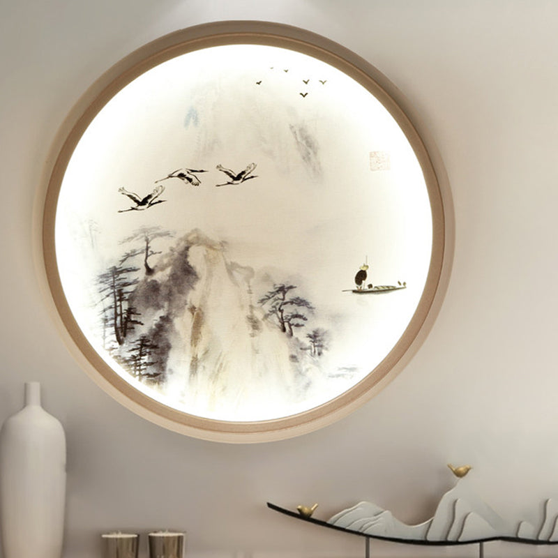 Illuminazione a parete circolare bianca Light murale in stile Asia Asia LED con pinoli e motivi per uccelli