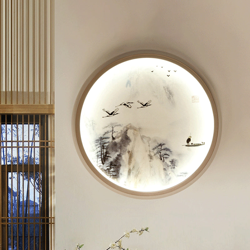 Iluminación de pared circular blanca lámpara mural metálica de estilo asiático con pino y patrón de pájaros