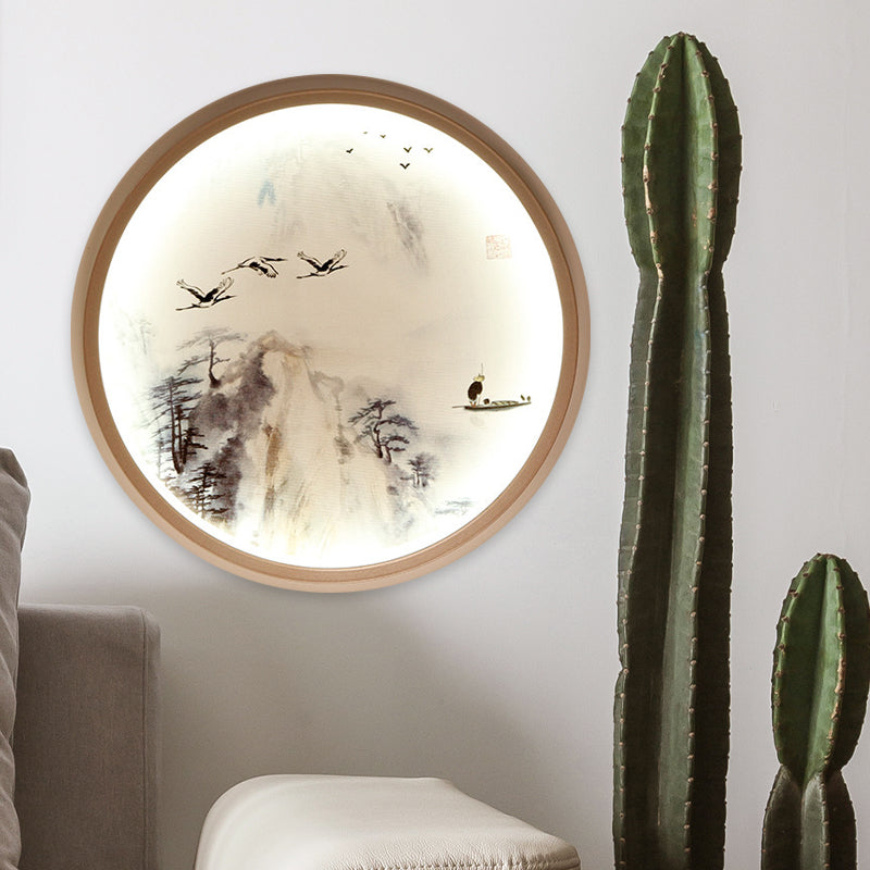 Iluminación de pared circular blanca lámpara mural metálica de estilo asiático con pino y patrón de pájaros