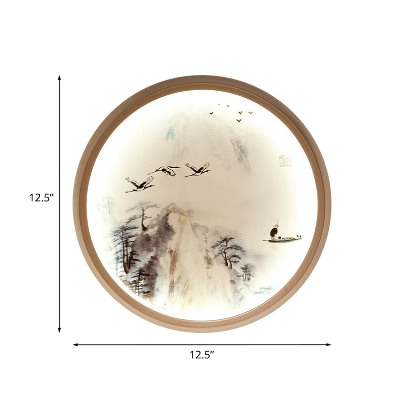 Iluminación de pared circular blanca lámpara mural metálica de estilo asiático con pino y patrón de pájaros