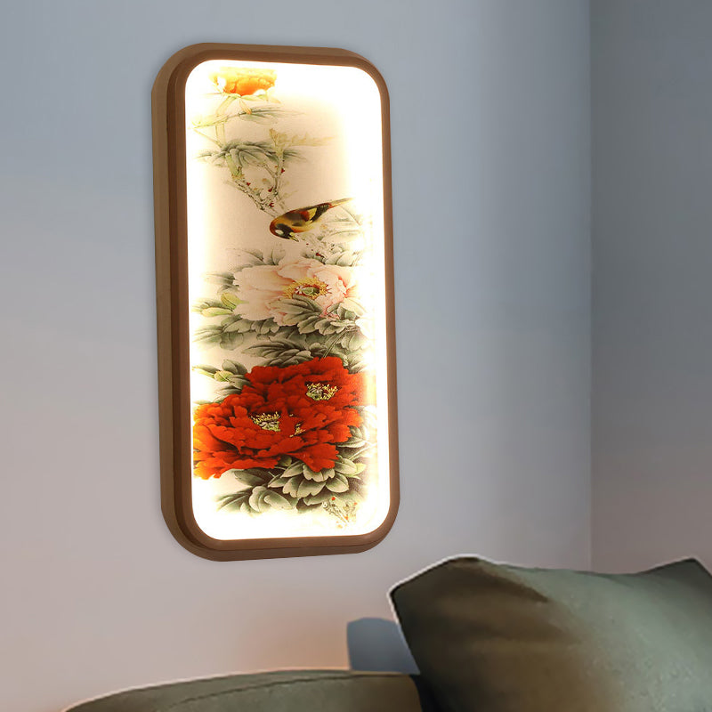 Rectangle Acrylic Peony Wall Mount Lamp Chinese Style LED Red Wall Mural Light
