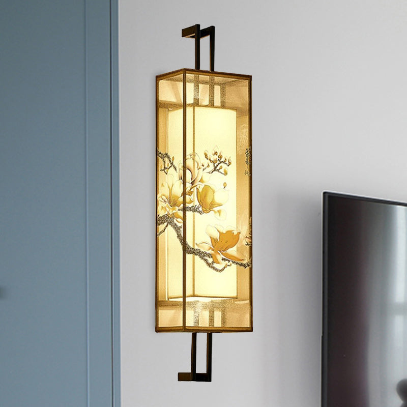 Orientalischer Stil Quaderform geformtes Stoff Wand Licht 2 Köpfe Wandmalblatt in Schwarz mit Lotusblatt/Zweigmuster
