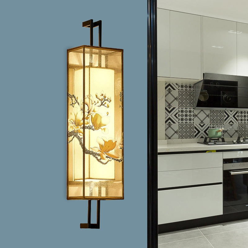 Orientalischer Stil Quaderform geformtes Stoff Wand Licht 2 Köpfe Wandmalblatt in Schwarz mit Lotusblatt/Zweigmuster