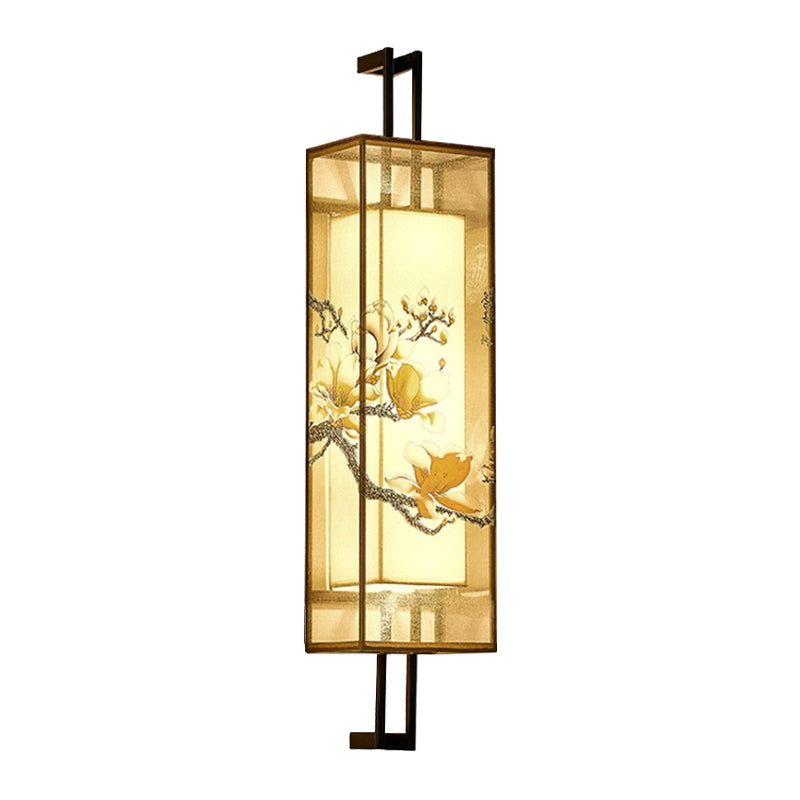 Orientalischer Stil Quaderform geformtes Stoff Wand Licht 2 Köpfe Wandmalblatt in Schwarz mit Lotusblatt/Zweigmuster