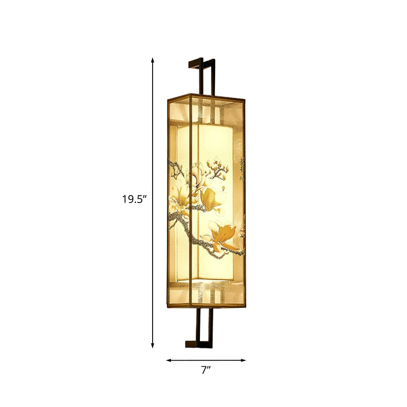 Orientalischer Stil Quaderform geformtes Stoff Wand Licht 2 Köpfe Wandmalblatt in Schwarz mit Lotusblatt/Zweigmuster