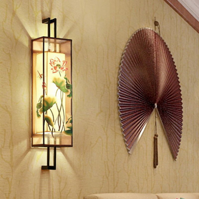 Orientalischer Stil Quaderform geformtes Stoff Wand Licht 2 Köpfe Wandmalblatt in Schwarz mit Lotusblatt/Zweigmuster