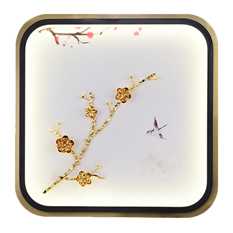 Éclairage mural carré en métal / rectangle Éclairage mural Asie LED Gold Mur Mural Lampe murale avec motif de fleur de prune