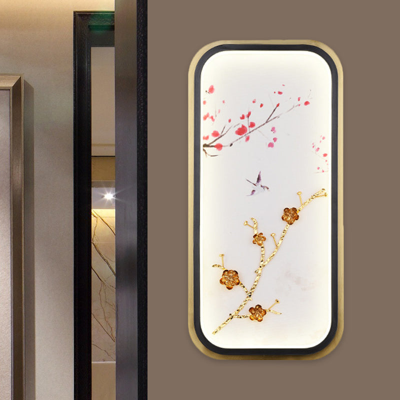 Éclairage mural carré en métal / rectangle Éclairage mural Asie LED Gold Mur Mural Lampe murale avec motif de fleur de prune