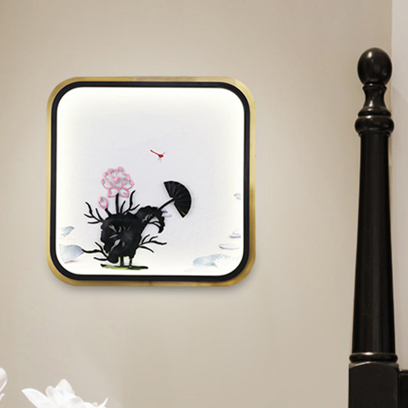 Luce murale metallica quadrata cinese/rettangolo LED LED LOTUS ALIMINE MONTO MONTO IN NERO E GOLD