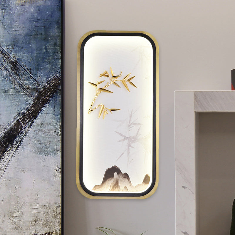 Rectangle/Square Bedroom Wall Lighting Metal LED Oriental Style Mural Lamp in Gold with Bamboo and Mountain Pattern