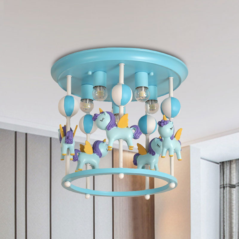 Cartoon Unicorn Flush Mount Light with Carrousel Design Resin 6 Bulbs Kid Room Flush Lamp in Blue/Pink
