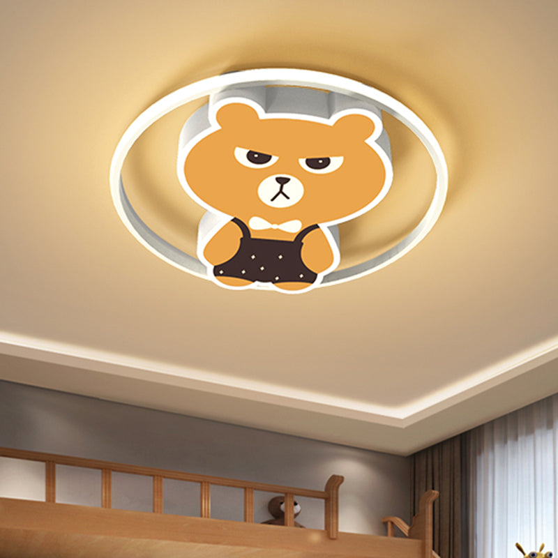 Metallic Bear Flush Light Fixture Cartoon LED Yellow Flush Mounted Lamp in White/Warm Light