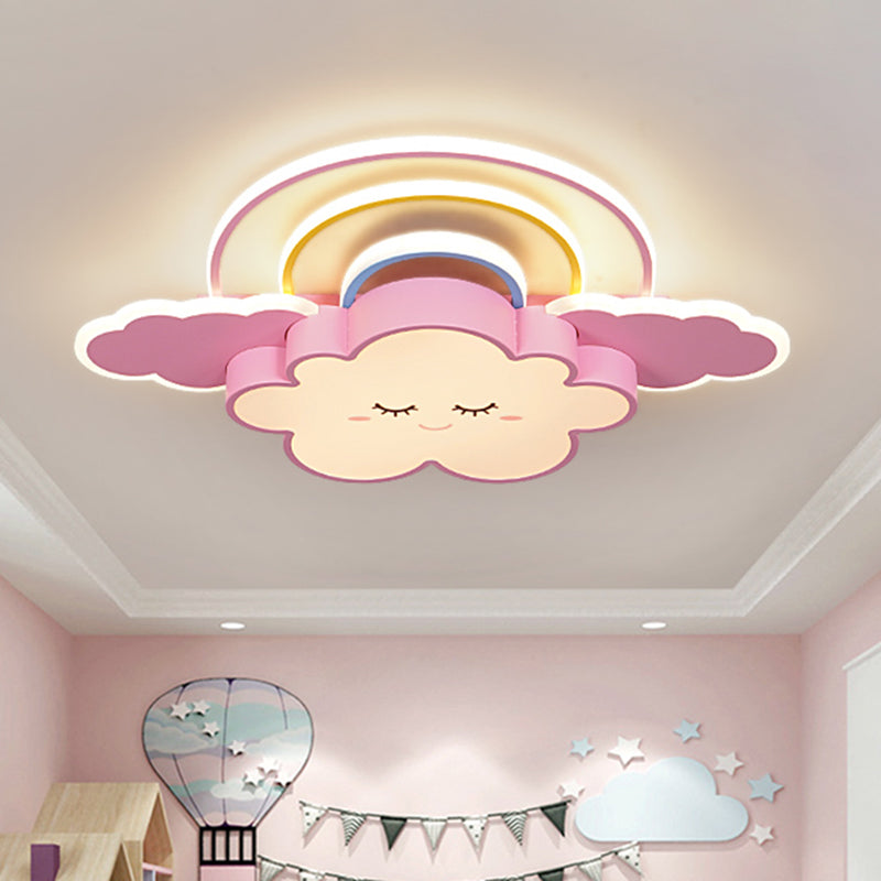 Cloud and Rainbow Ceiling Mounted Fixture Cartoon Acrylic Kids Room LED Flush Lamp in White/Pink