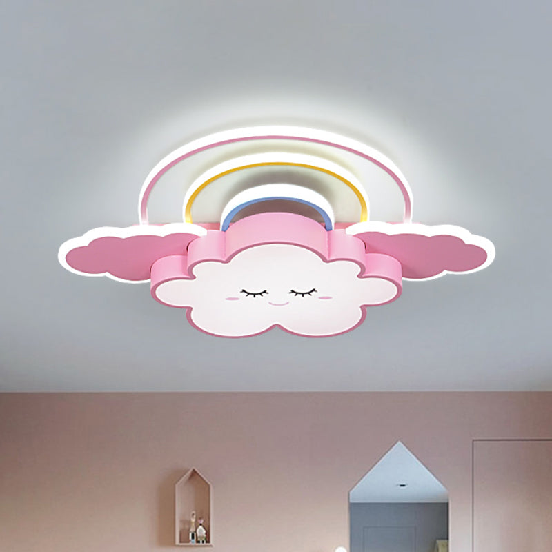Cloud and Rainbow Ceiling Mounted Fixture Cartoon Acrylic Kids Room LED Flush Lamp in White/Pink
