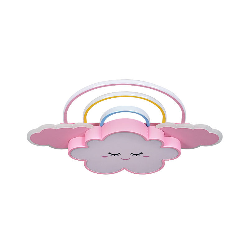 Cloud and Rainbow Ceiling Mounted Fixture Cartoon Acrylic Kids Room LED Flush Lamp in White/Pink
