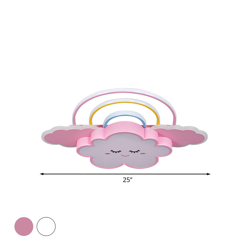 Cloud and Rainbow Ceiling Mounted Fixture Cartoon Acrylic Kids Room LED Flush Lamp in White/Pink