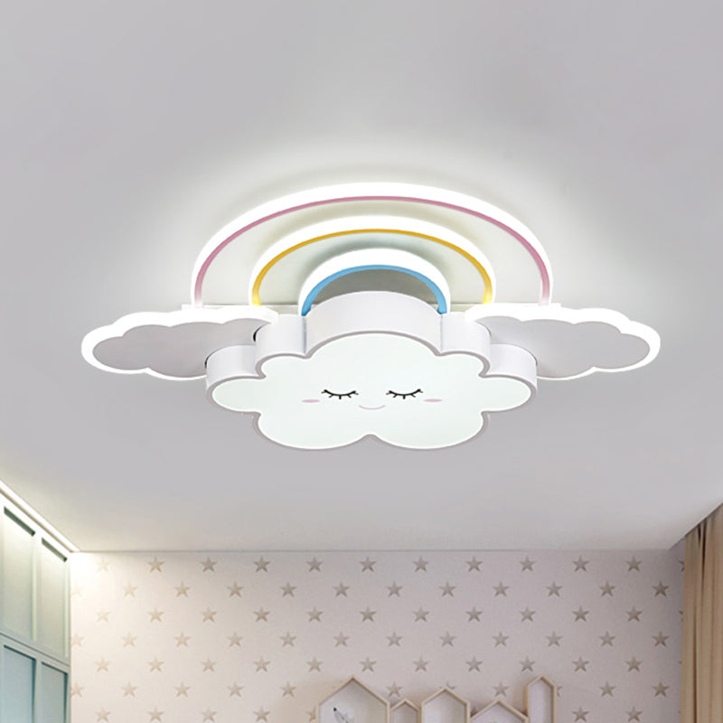 Cloud and Rainbow Ceiling Mounted Fixture Cartoon Acrylic Kids Room LED Flush Lamp in White/Pink