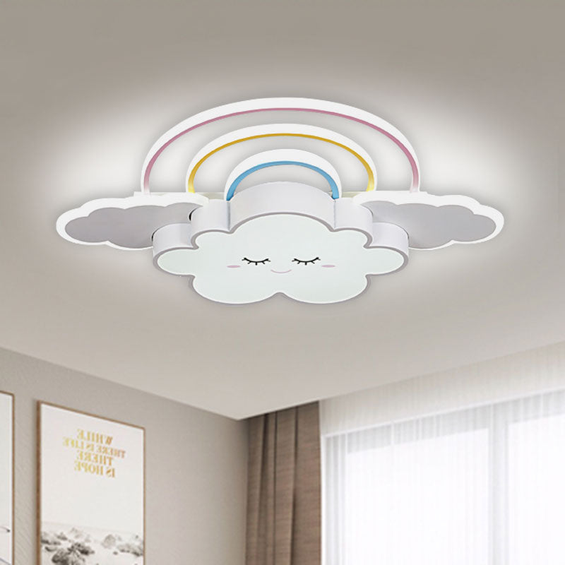 Cloud and Rainbow Ceiling Mounted Fixture Cartoon Acrylic Kids Room LED Flush Lamp in White/Pink