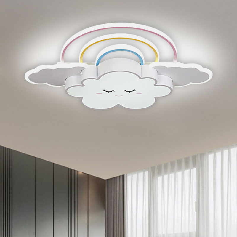Cloud and Rainbow Ceiling Mounted Fixture Cartoon Acrylic Kids Room LED Flush Lamp in White/Pink