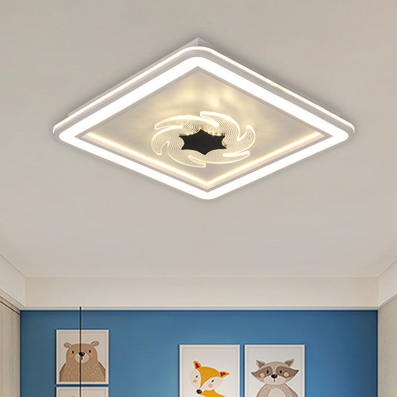 Kids Square Ceiling Flush Acrylic LED Bedroom Flush Mount Fixture with Windmill/Flower Detail in Black-White