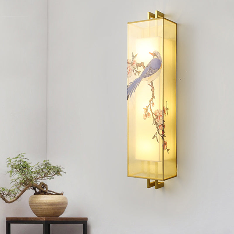 Gold Rectangle Bird and Branch Mural Lamp Chinese Style LED Fabric Wall Mounted Lighting