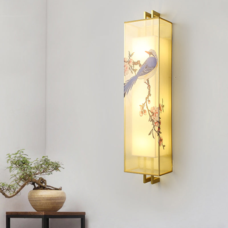 Gouden rechthoekige vogel- en tak muurschildering lamp Chinese stijl LED stof wandmontage verlichting