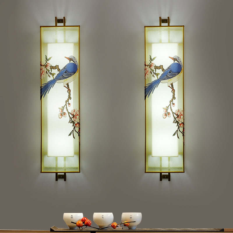 Rectangle doré oiseau et branche murale lampe chinoise LED Tissu mural d'éclairage mural