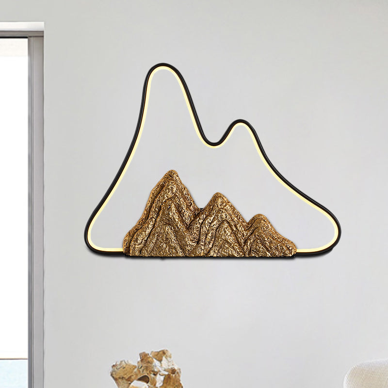 Geometric Shaped Ironic Mural Light Oriental Style LED Black and Gold Wall Lamp with Mountain Pattern