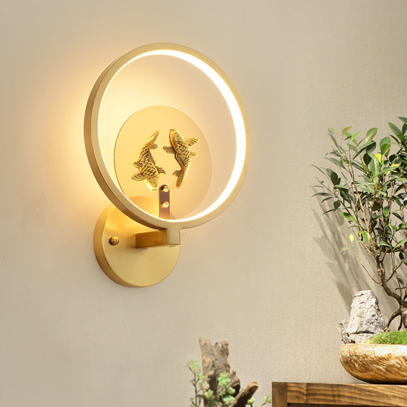 Brass Circular Double Fish Mural Lamp Asia Style LED Metallic Wall Mount Lighting
