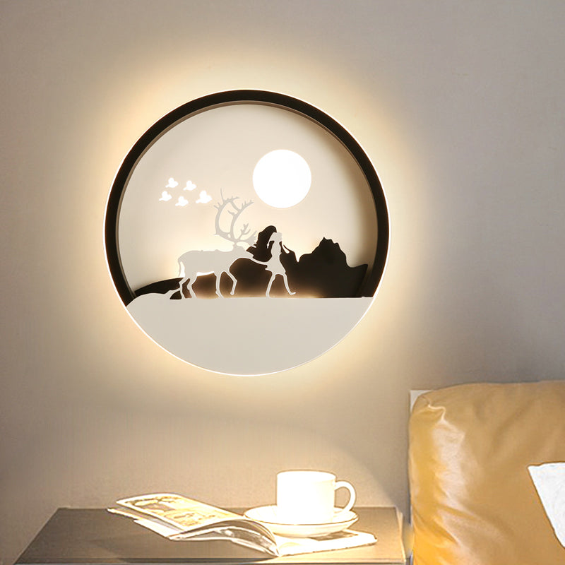 Minimal Style Circular Acrylic Wall Mural Lamp LED Wall Mounted Lighting in Black with Elk Deer Pattern