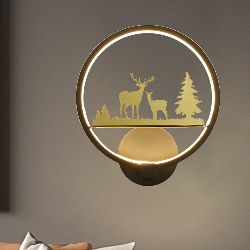 LED Bedroom Elk Patterned Wall Mural Light Minimalist Black Wall Lighting Idea with Rounded Metallic Shade