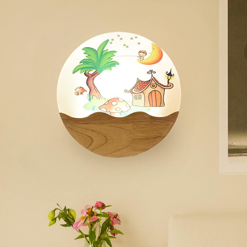 Wood Rounded House and Tree Wall Light Simple Style LED Acrylic Wall Mural Lamp for Corridor