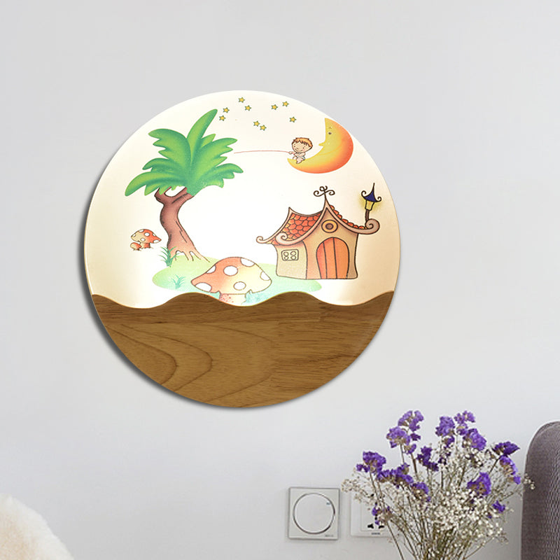 Wood Rounded House and Tree Wall Light Simple Style LED Acrylic Wall Mural Lamp for Corridor