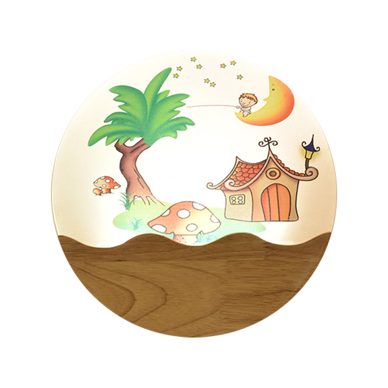 Wood Rounded House and Tree Wall Light Simple Style LED Acrylic Wall Mural Lamp for Corridor