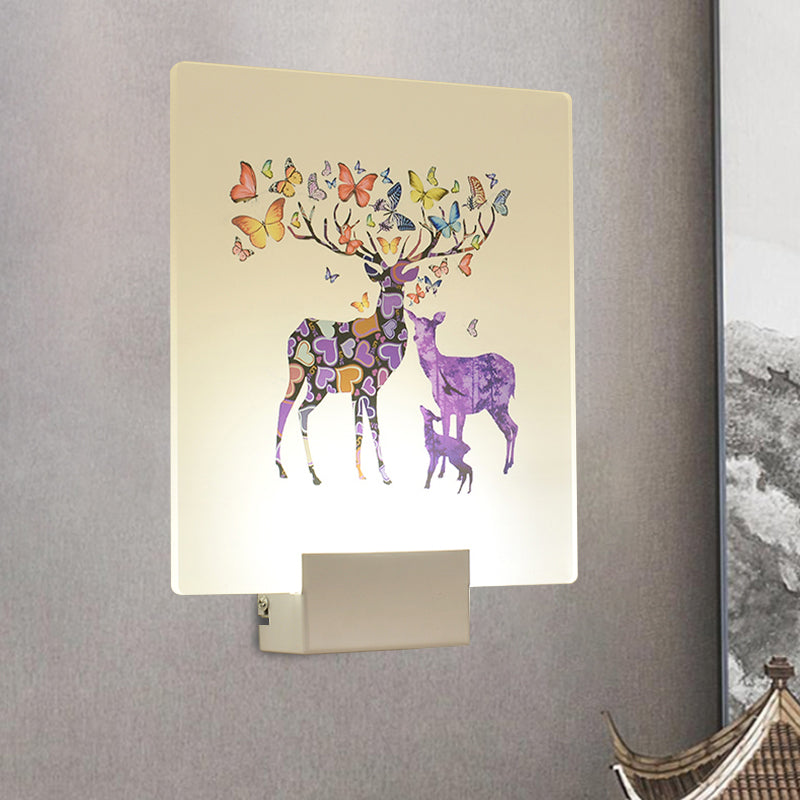 Purple/rosa/amarillo cuadrada de pared de montaje simplicidad lámpara mural acrílica led con ciervo/flor/patrón de árbol para habitación de invitados