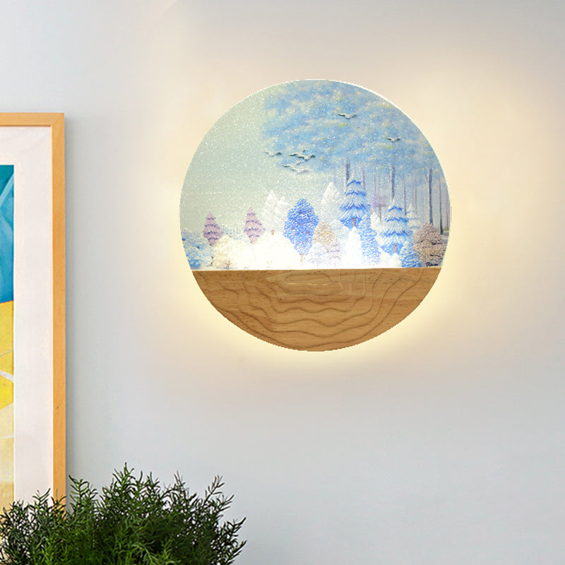 Acrylic Circular Shaped Wall Mounted Light Minimalist Style LED Wall Mural Lamp in Wood with Tree/Elk Pattern
