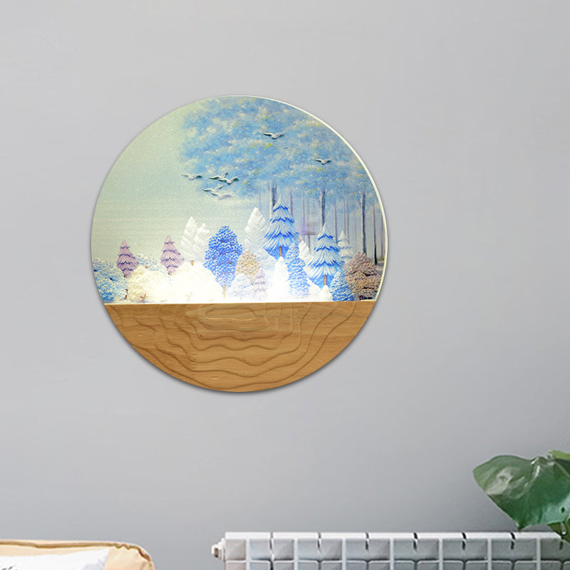Acrylic Circular Shaped Wall Mounted Light Minimalist Style LED Wall Mural Lamp in Wood with Tree/Elk Pattern