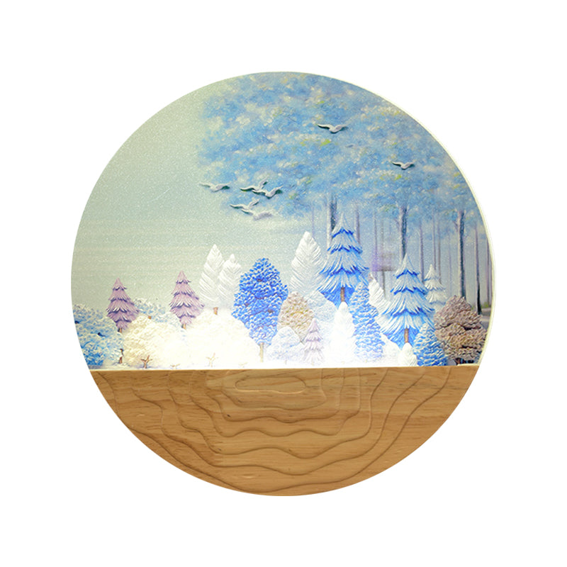 Acrylic Circular Shaped Wall Mounted Light Minimalist Style LED Wall Mural Lamp in Wood with Tree/Elk Pattern