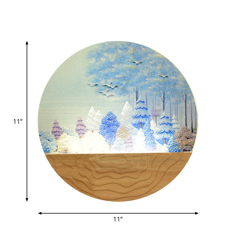 Acrylic Circular Shaped Wall Mounted Light Minimalist Style LED Wall Mural Lamp in Wood with Tree/Elk Pattern