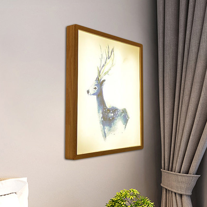 12"/16" Width Square Metallic Mural Lamp Minimalist LED Wood Wall Mounted Lighting with Deer Pattern