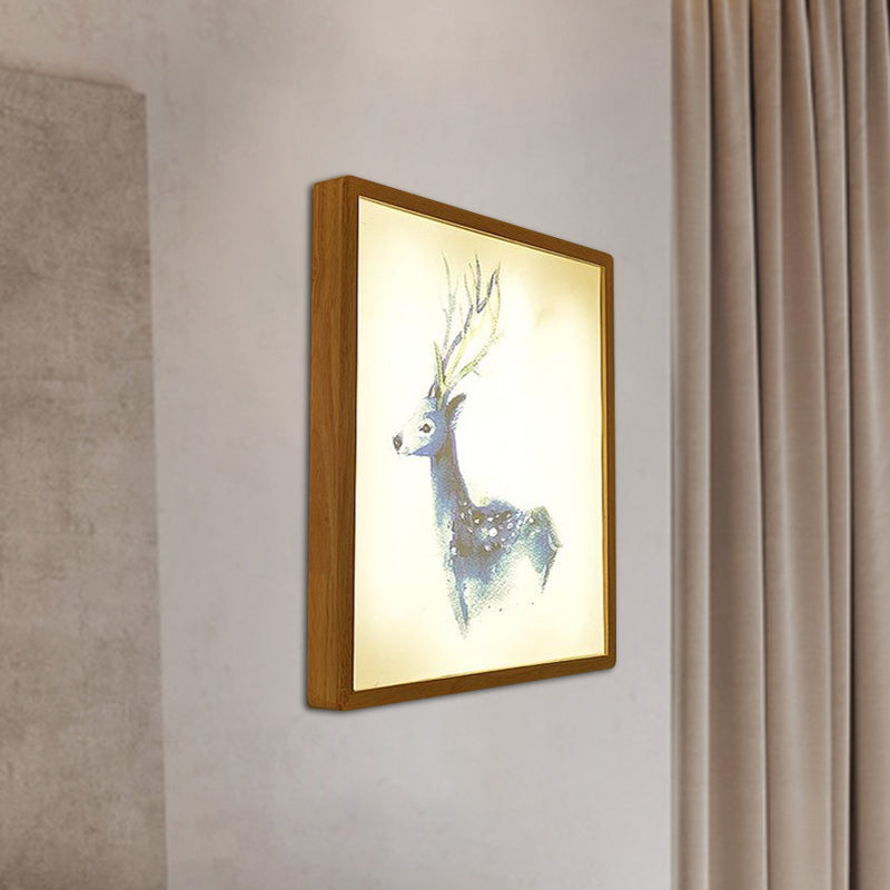12"/16" Width Square Metallic Mural Lamp Minimalist LED Wood Wall Mounted Lighting with Deer Pattern